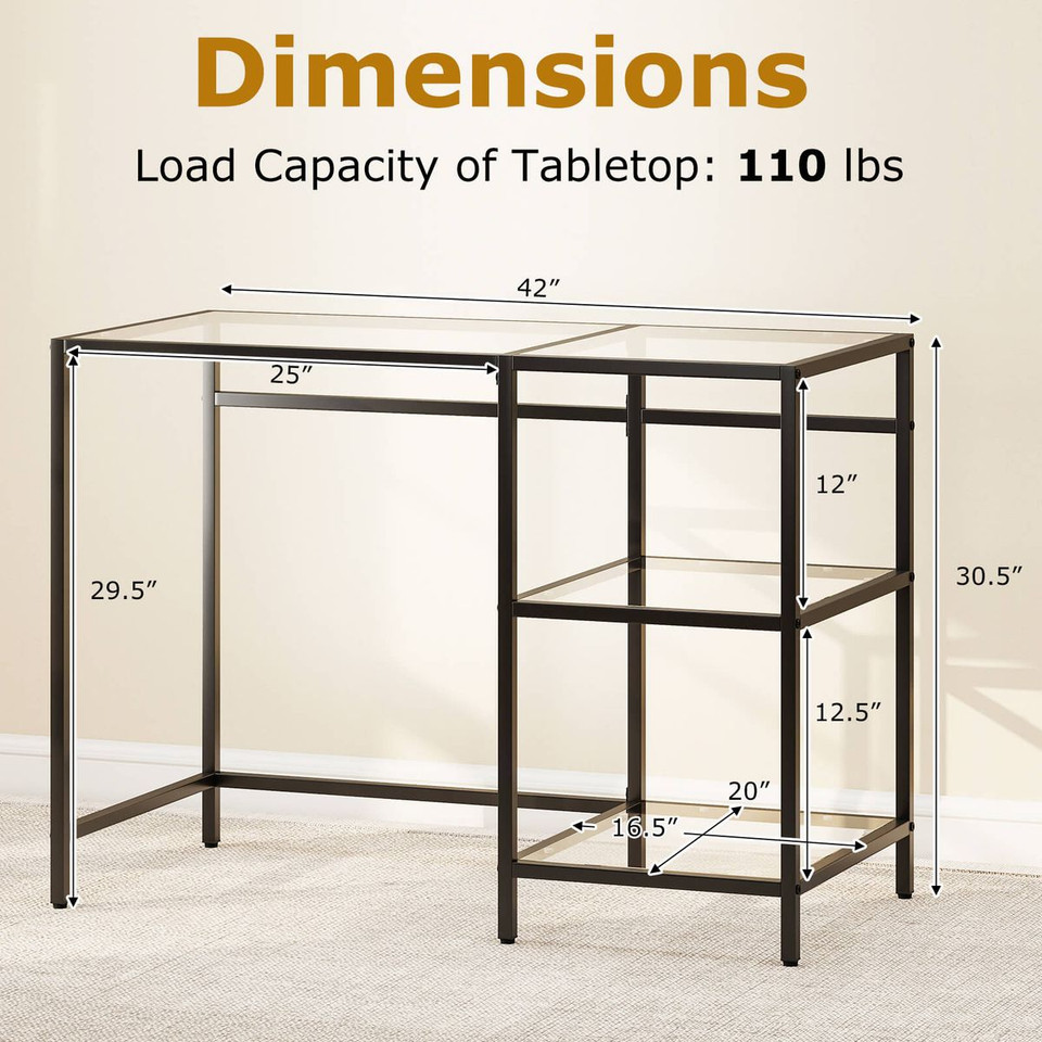 42" Computer Desk with 2 Open Shelves and Tempered Glasss product image
