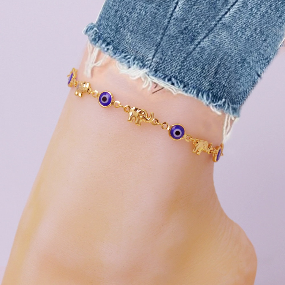18K-Gold-Plated Elephant Blue Evil Eye Crystal Anklet product image