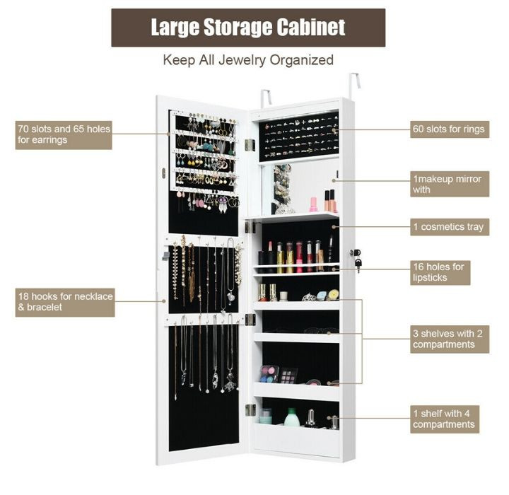 LED Light Mirror Jewelry Cabinet, Wall- or Door-Mounted  product image
