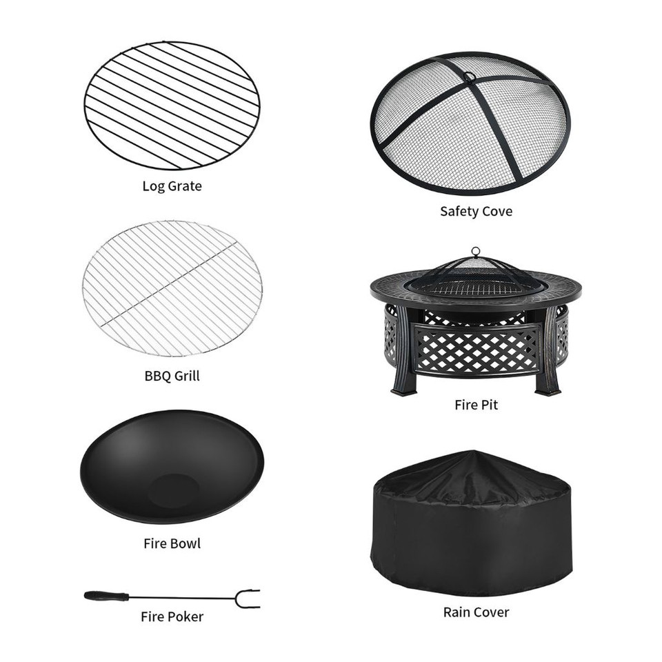 32'' Round Fire Pit Set with Rain Cover, BBQ Grill, Log Grate, and Poker product image