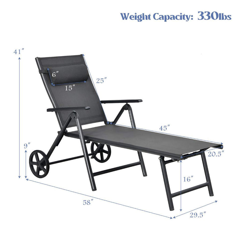Patio Adjustable-Frame Reclining Chaise Lounge with Wheels and Neck Pillow product image