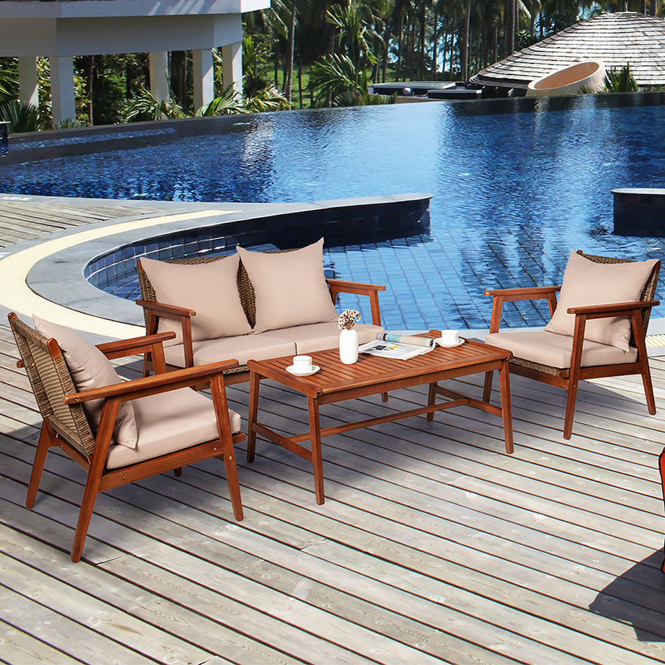 Acacia Wood and Rattan 4-Piece Patio Furniture Set product image