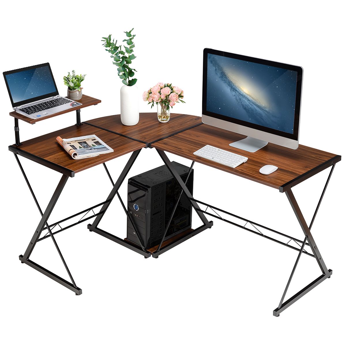 Photos - Office Desk Goplus Costway 58'' x 44'' L-Shaped Gaming Desk with Monitor Stand - Walnu