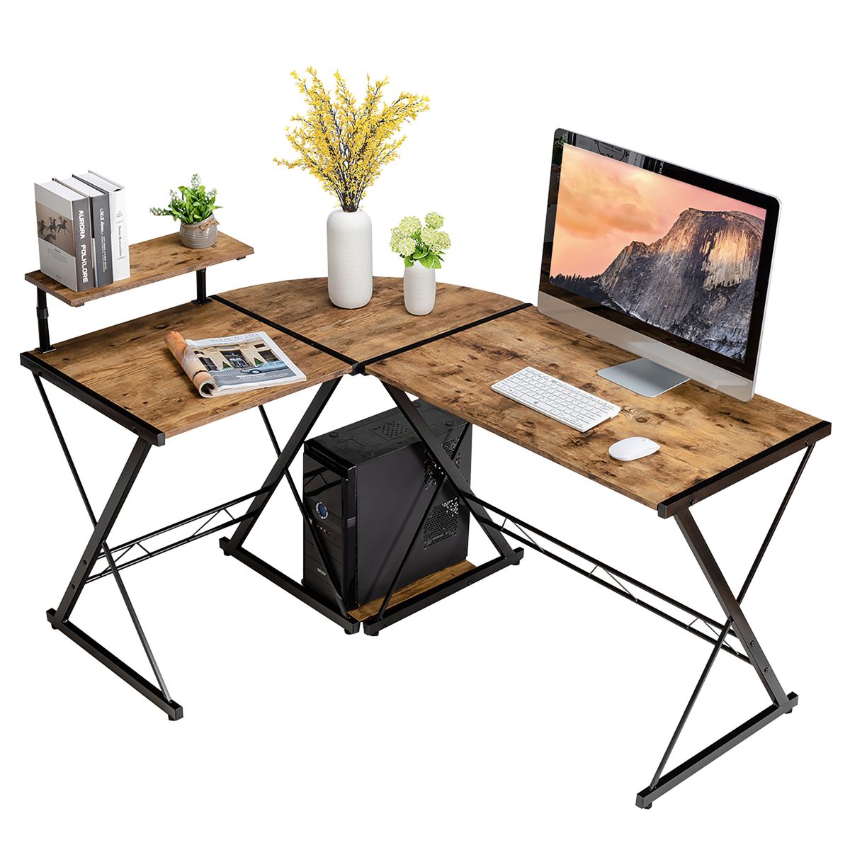 Photos - Office Desk Goplus Costway 58'' x 44'' L-Shaped Gaming Desk with Monitor Stand - Antiq