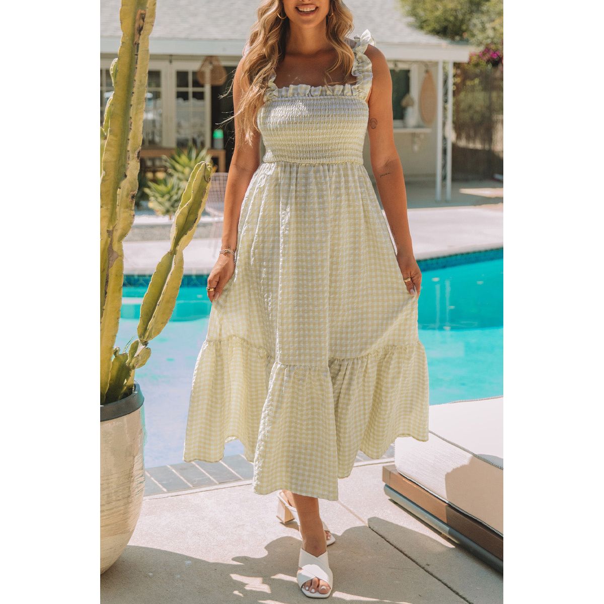 Jayleen Plaid Ruffled Sleeve Smocked Maxi Dress - Khaki / S - 4/6 / 65%Polyester+35%Cotton