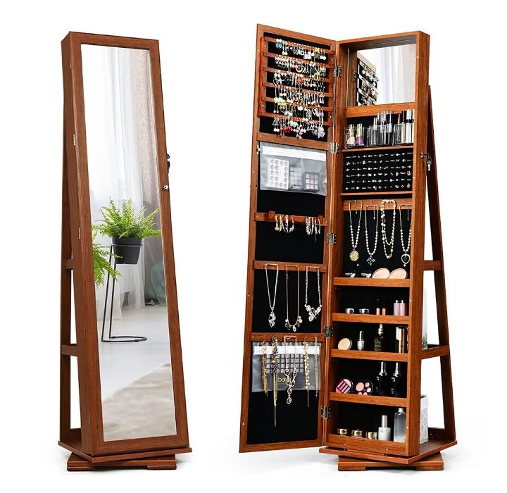 Photos - Wardrobe Costway 2-in-1 Lockable Mirrored 360° Rotating Jewelry Armoire - Brown HW6 