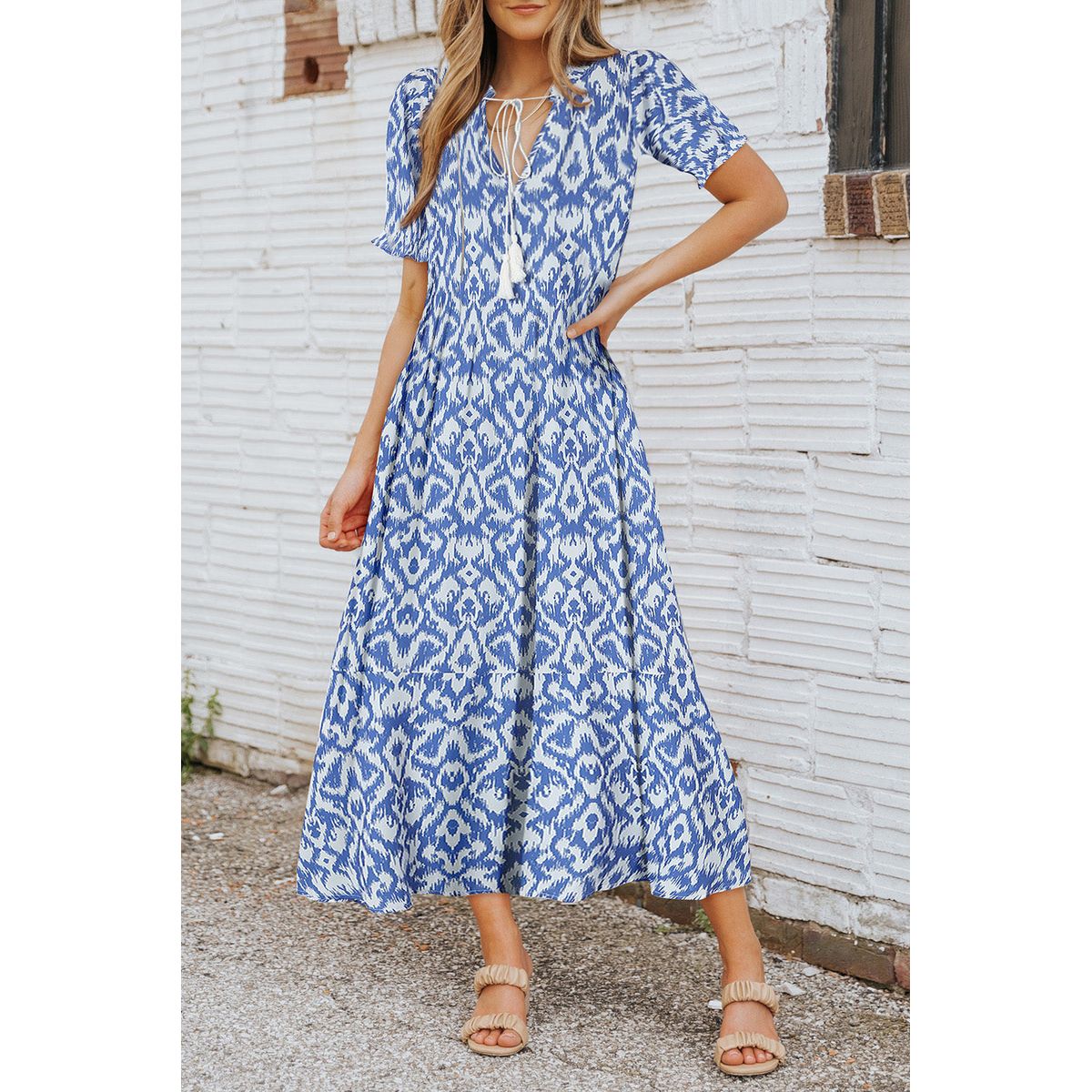 Women's Remy V-Neck Casual Geometric Print Maxi Dress - Sky Blue / S - 4/6 / 100%Polyester