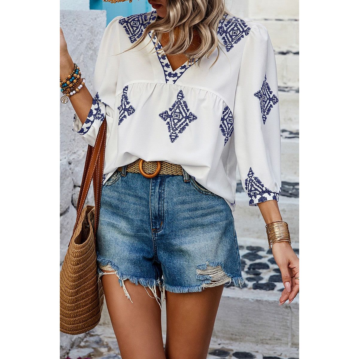 Women's Moroccan Blue in White Blouse - White / Small (2-4)
