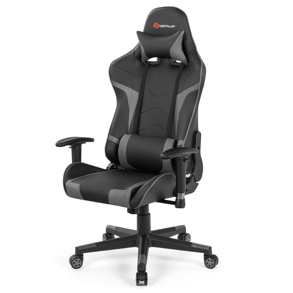 Photos - Computer Chair Costway Reclining Gaming Chair with Massaging Lumbar Support - Gray HW6618 