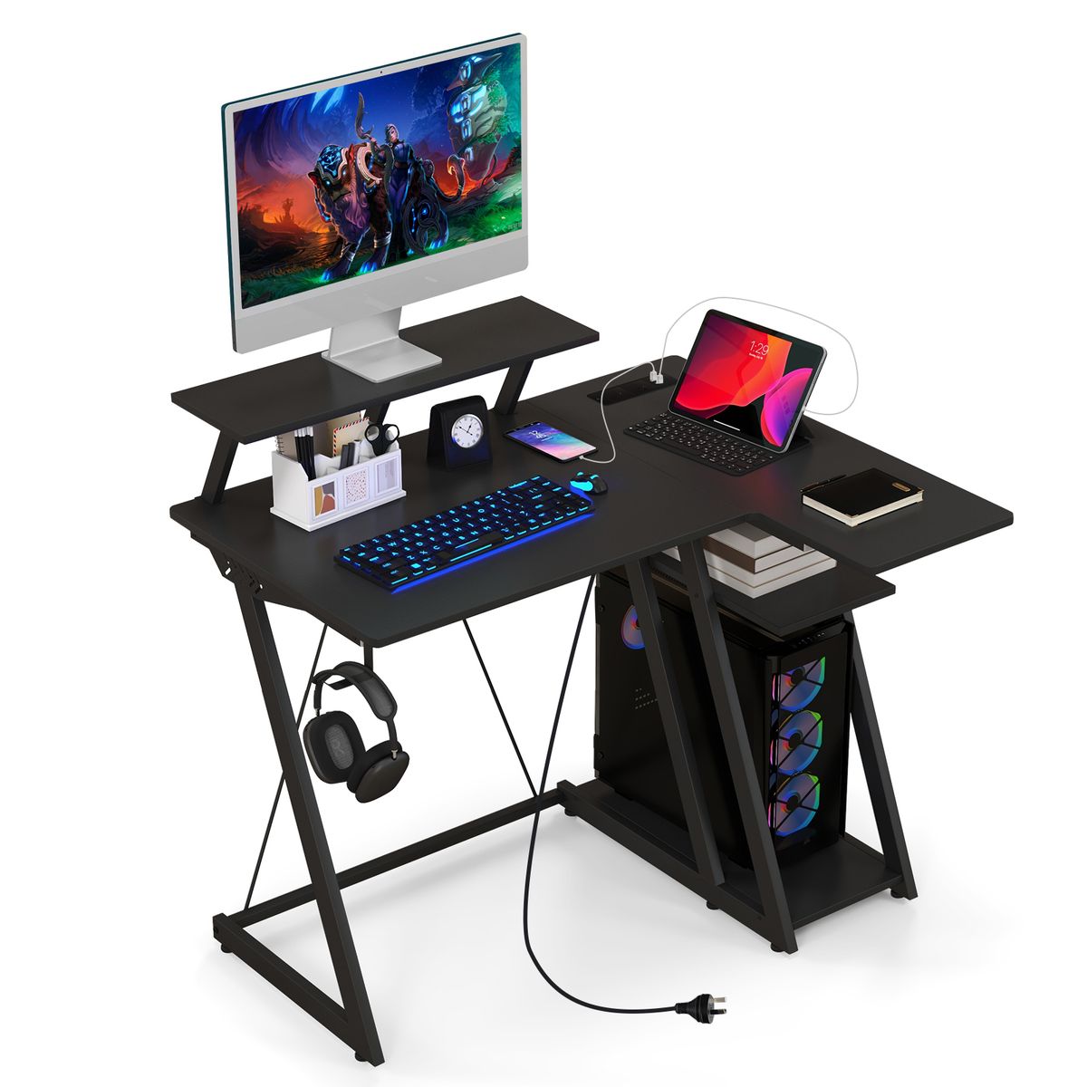 Photos - Office Desk Costway L Shaped Gaming Desk with Outlets, USB Ports, and Monitor Shelf  