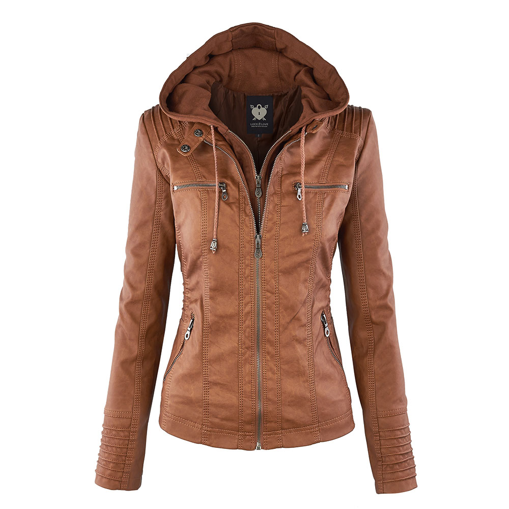 Women's Faux Leather Zippered Motorcycle Jacket with Hoodie - Camel - 3XL