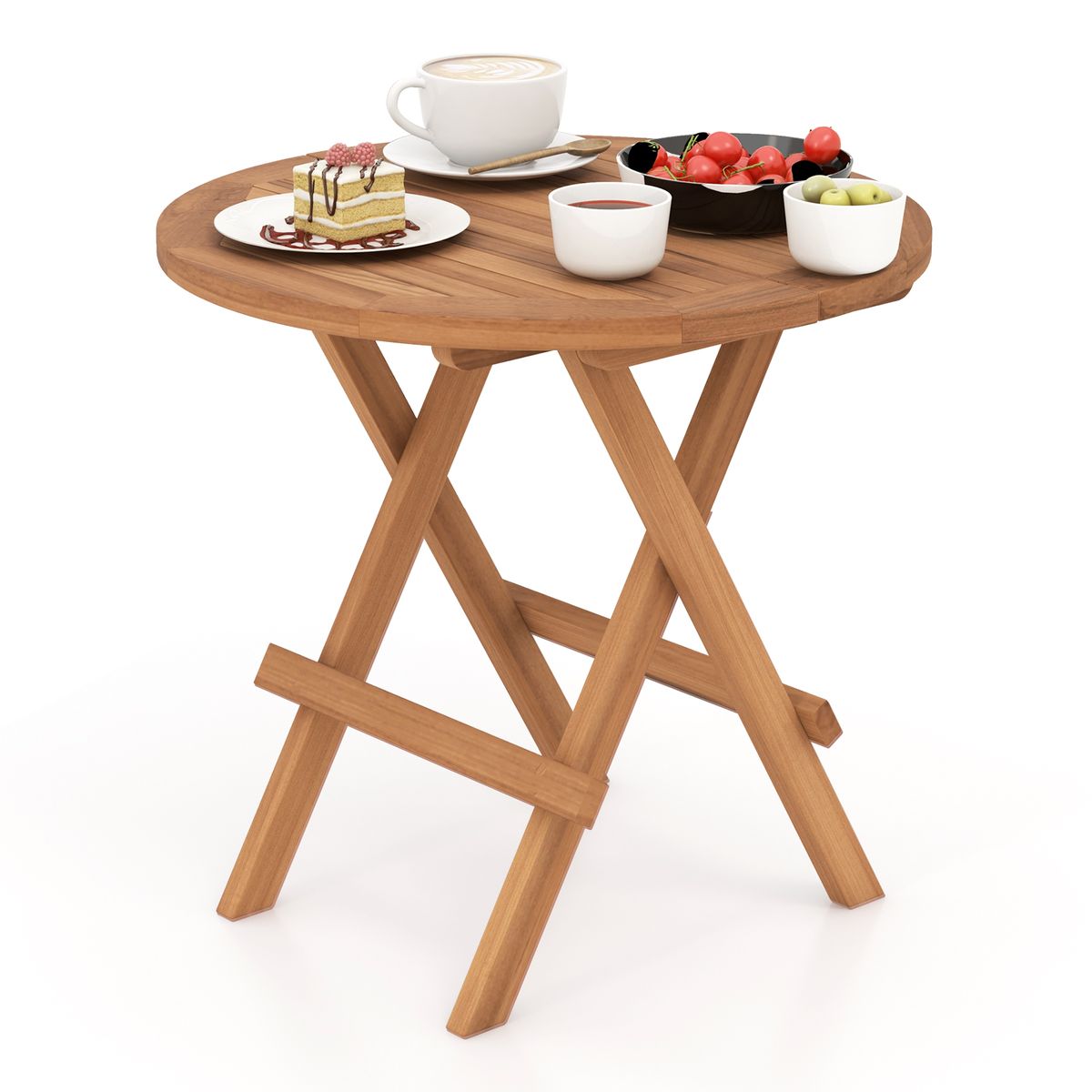 Photos - Garden Furniture Goplus Goplus Round Teak Wood Patio Folding Side Table - Costway 1 PC Pati