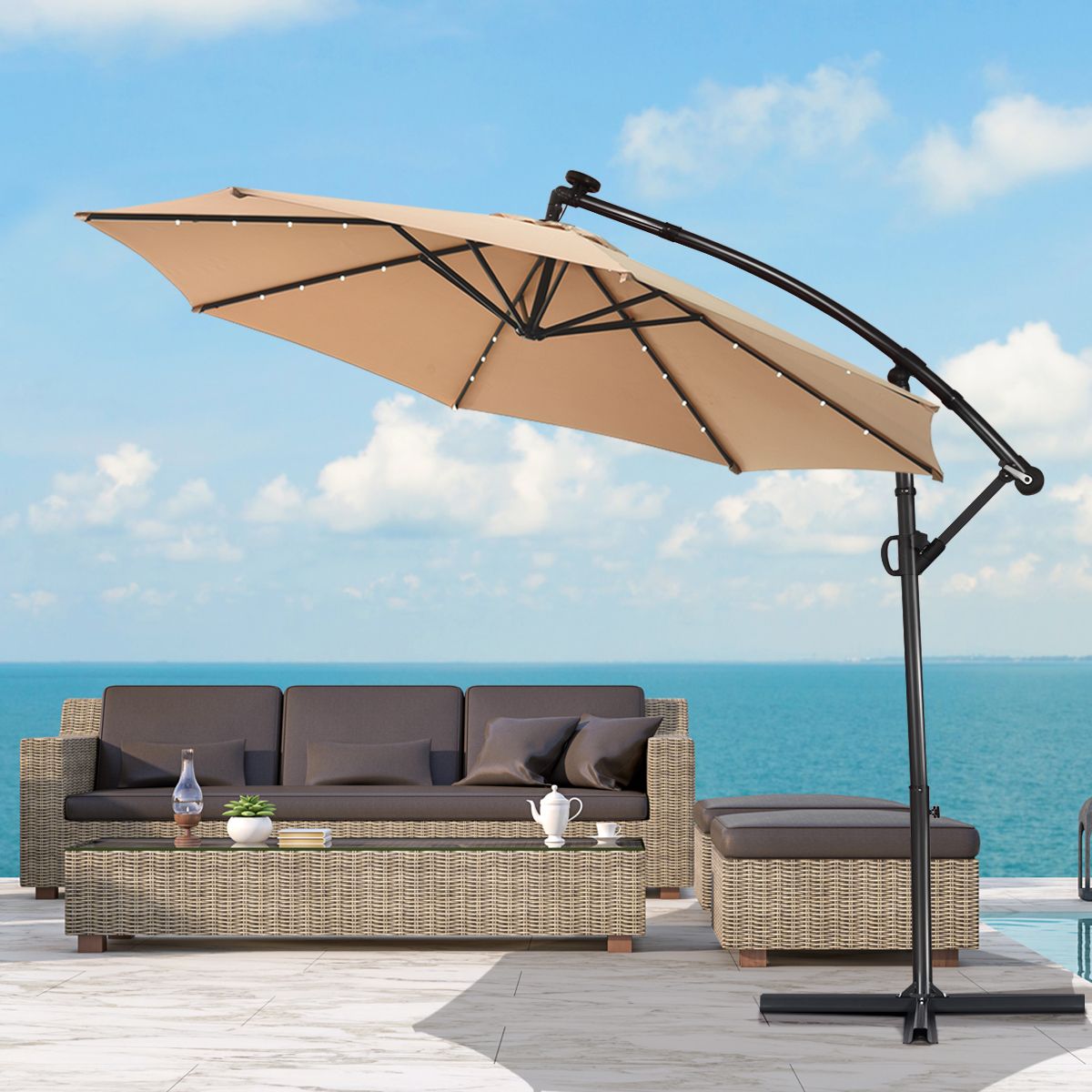 Photos - Parasol Costway 10-Foot 360-Degree Solar LED Patio Offset Umbrella - Beige OP70282 