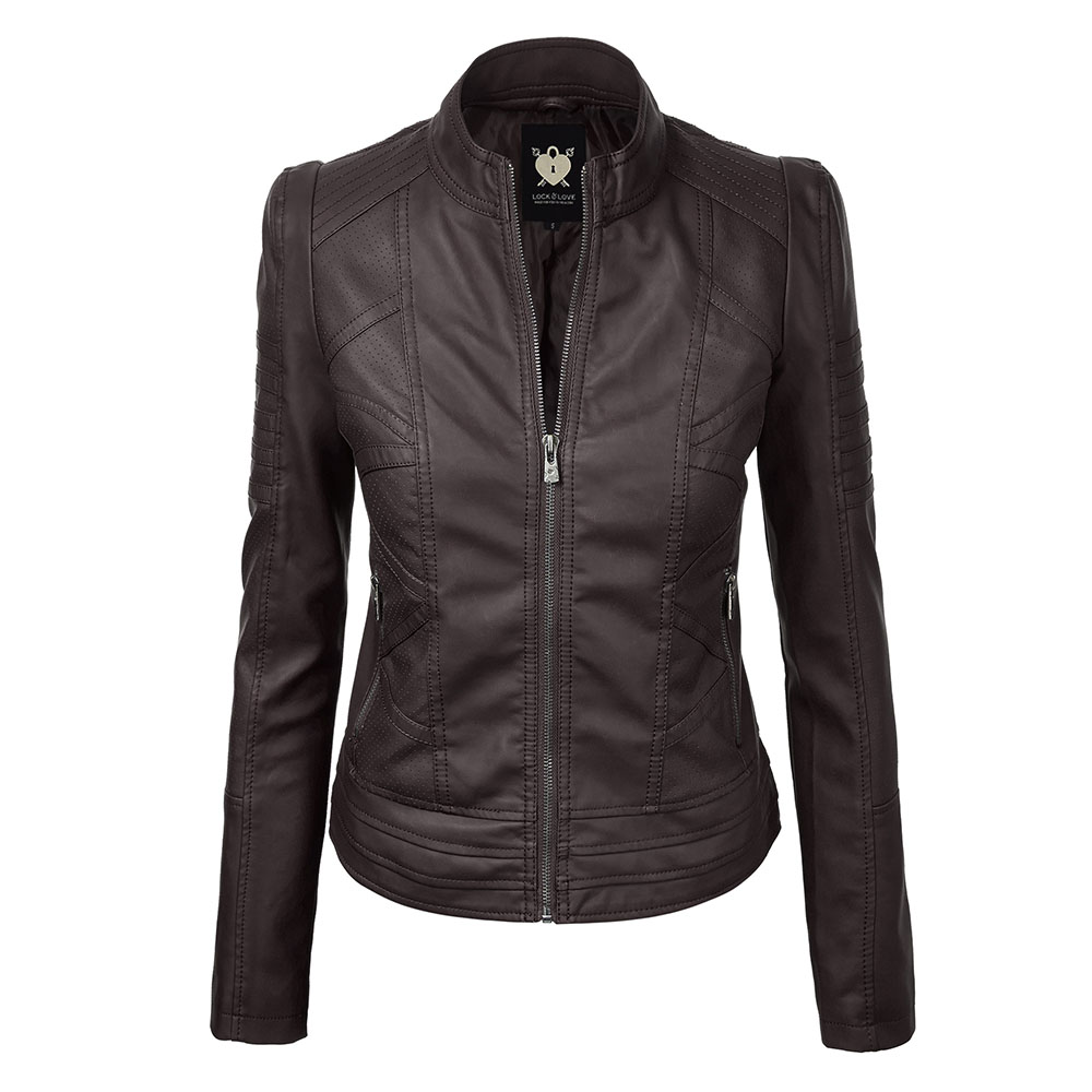 Womens Faux Leather Zip-up Moto Biker Jacket with Stitching Detail - Coffee - Large