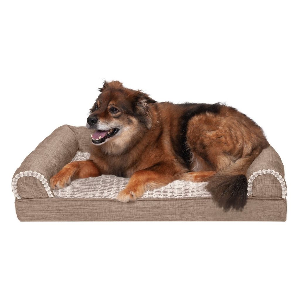 Photos - Dog Bed / Basket FurHaven Luxe Fur & Performance Linen Cooling Sofa-Style Pet Bed - Woodsmo 