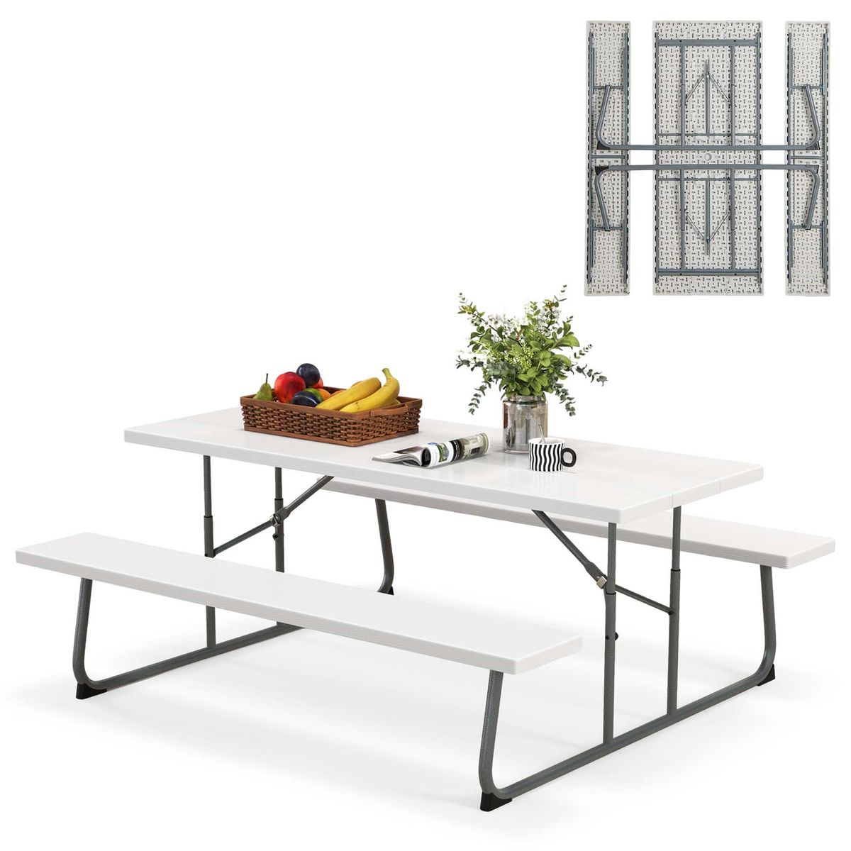 Photos - Garden Furniture Goplus Costway Folding Picnic Table with Benches - White HCST01514