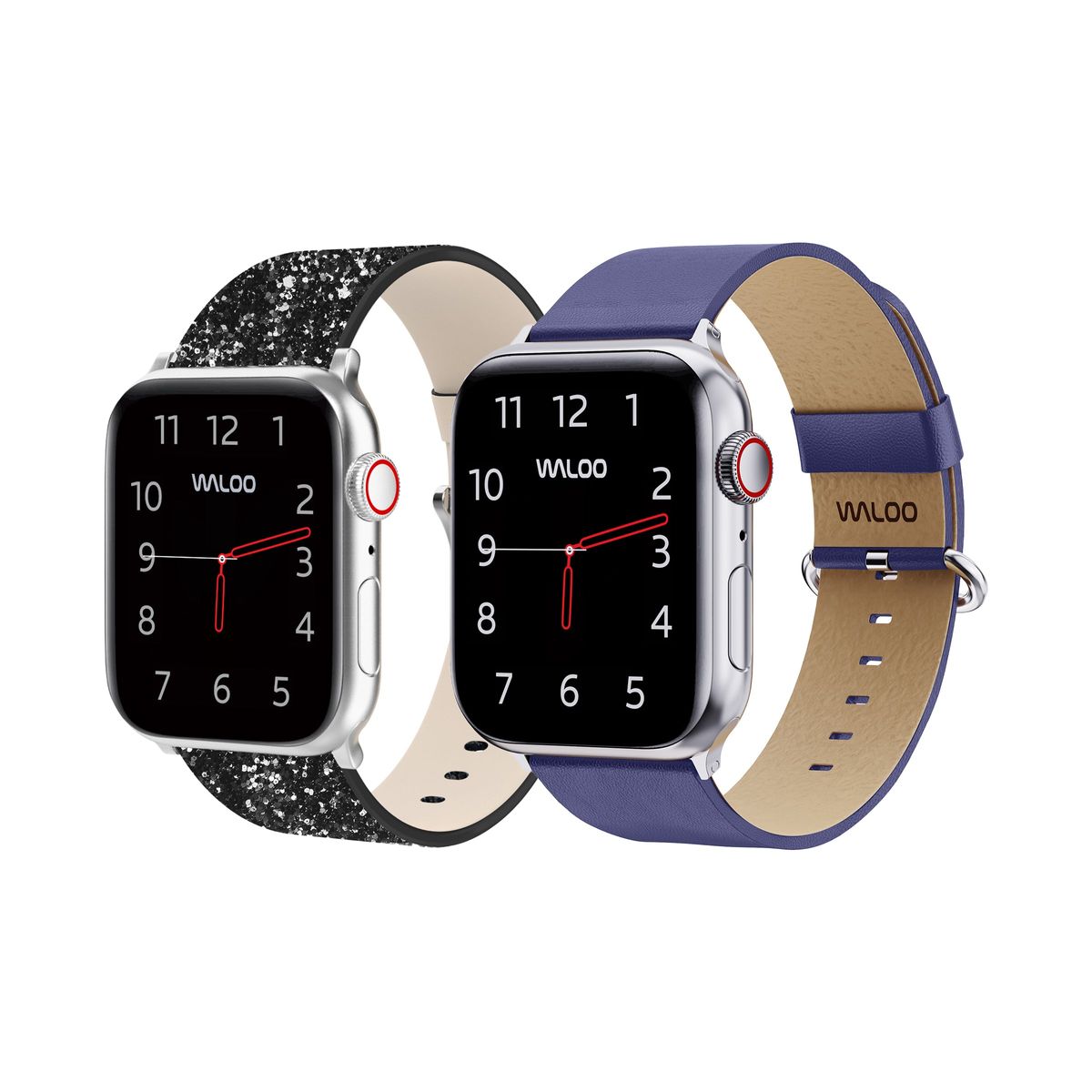 Waloo® Bling & Leather Grain Bands for Apple Watch (2-Pack) - 42/44/45/49mm / Black Bling + Navy Grain