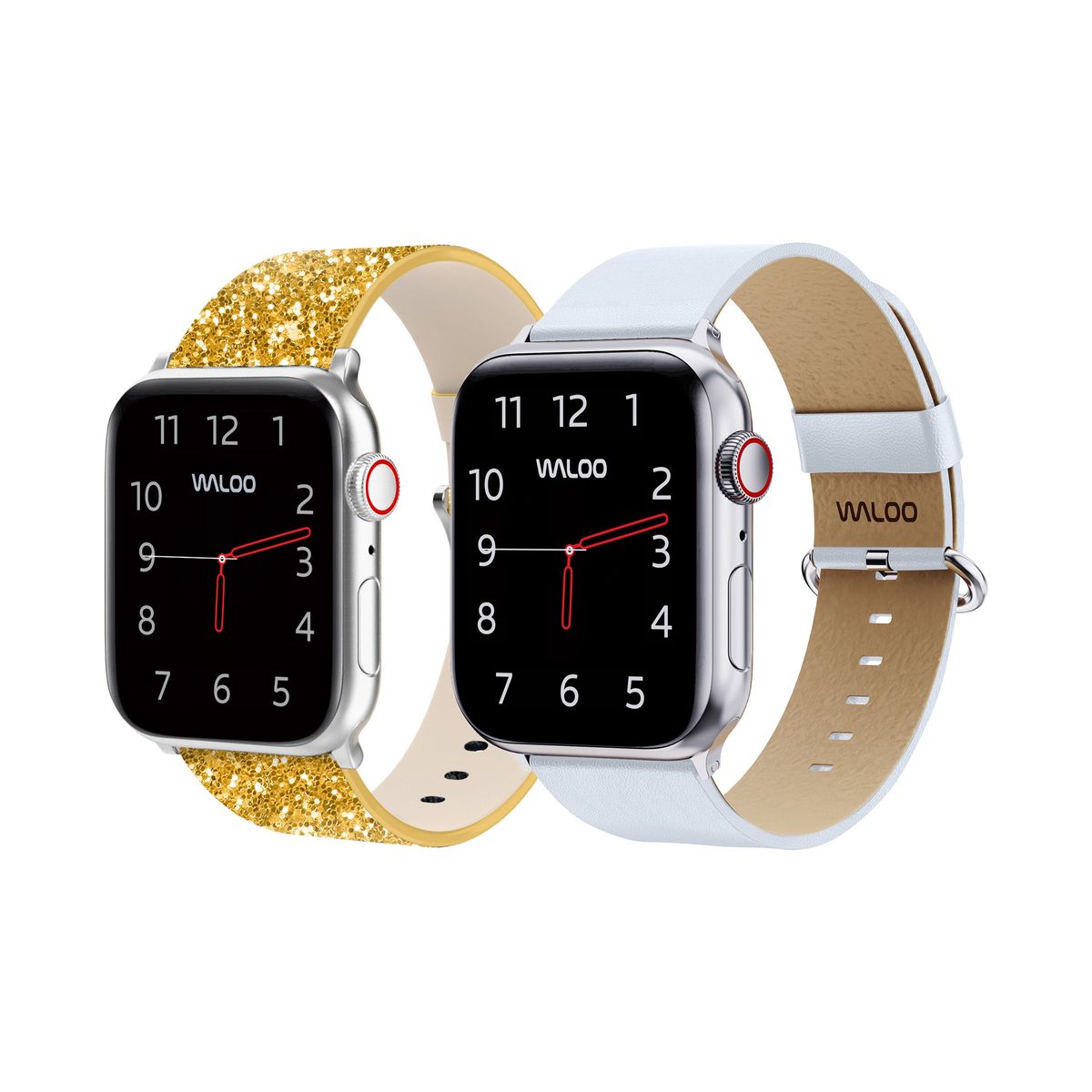Waloo® Bling & Leather Grain Bands for Apple Watch (2-Pack) - 42/44/45/49mm / Gold Bling + White Grain