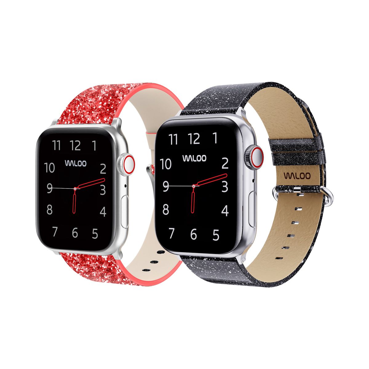 Waloo® Leather Bling & Shiny Brilliance Bands for Apple Watch (2-Pack) - 42/44/45/49mm / Red Bling + Black Brilliance