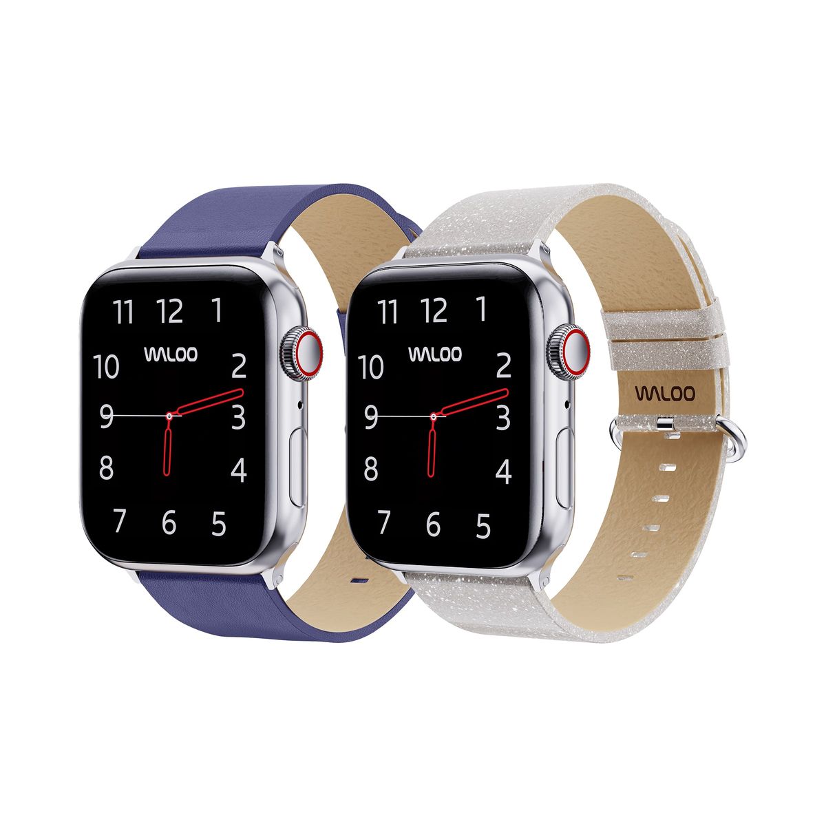 Waloo® Leather Grain & Shiny Brilliance Bands for Apple Watch (2-Pack) - 38/40/41mm / Blue Leather Grain + White Brilliance