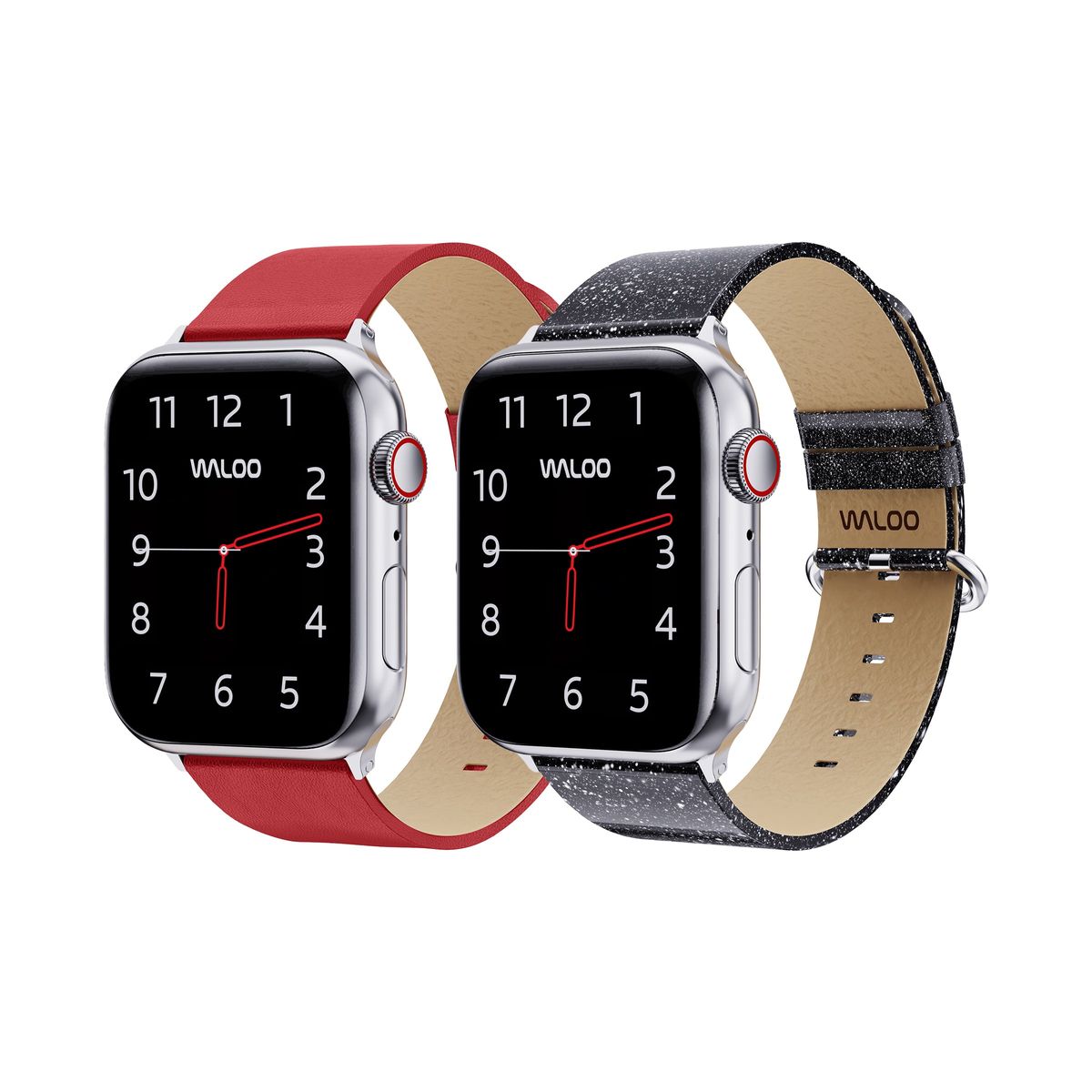 Waloo® Leather Grain & Shiny Brilliance Bands for Apple Watch (2-Pack) - 42/44/45/49mm / Red Leather Grain + Black Brilliance
