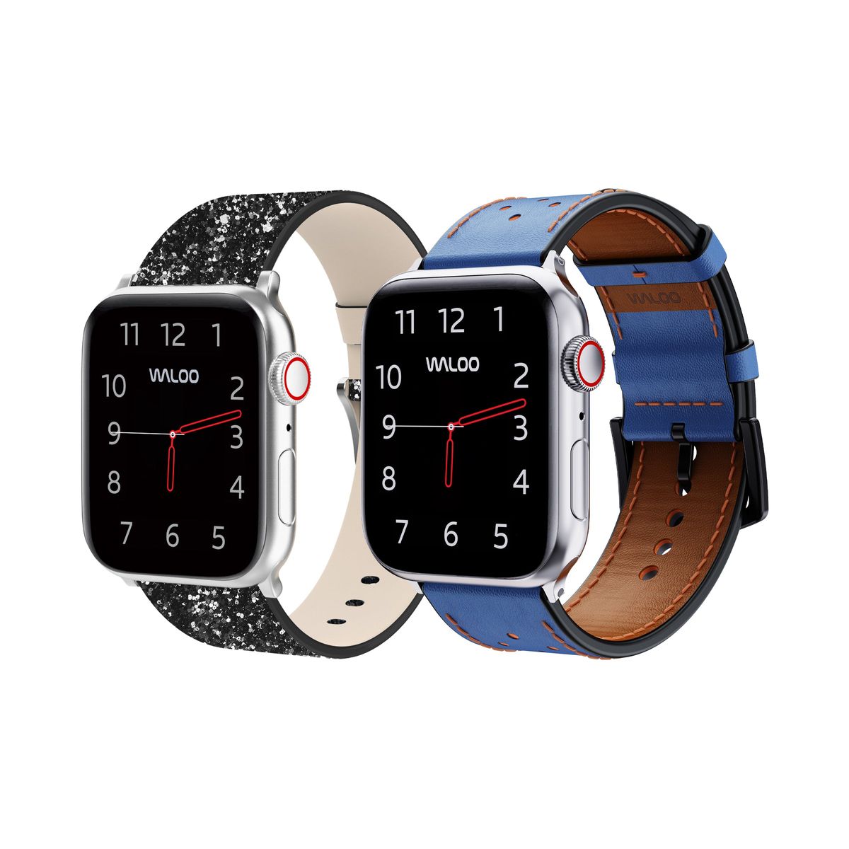 Waloo Bling and Breathable Leather Bands For Apple Watch  (2-Pack)  - 38/40/41mm / Black Bling + Blue Breathable Leather
