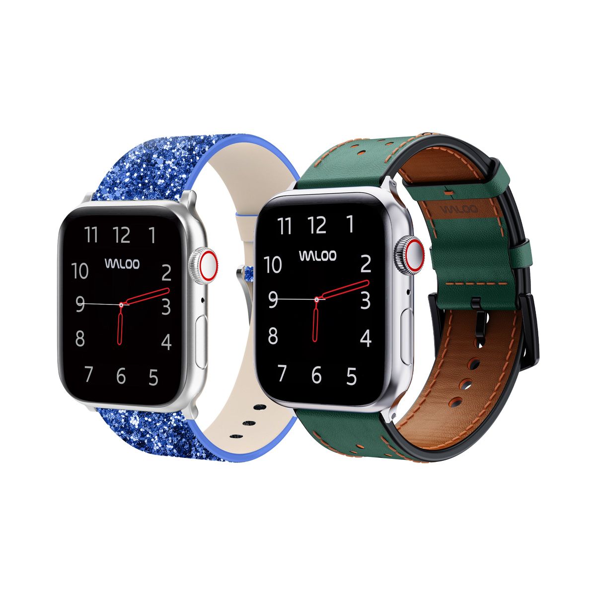 Waloo Bling and Breathable Leather Bands For Apple Watch  (2-Pack)  - 38/40/41mm / Blue Bling + Green Breathable Leather
