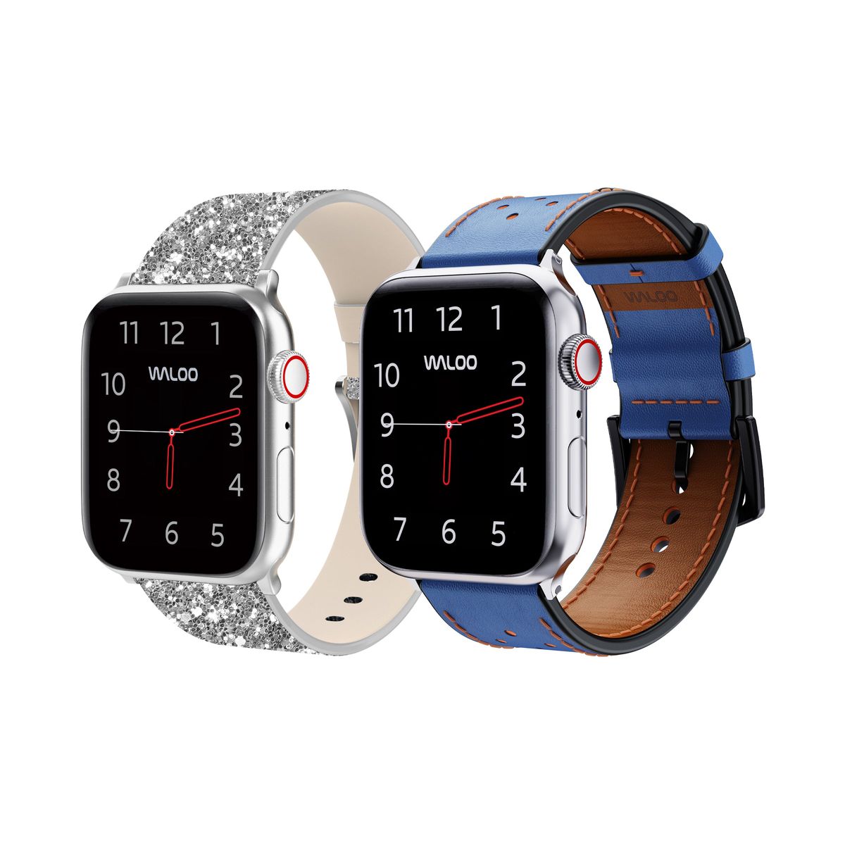 Waloo Bling and Breathable Leather Bands For Apple Watch  (2-Pack)  - 42/44/45/49mm / Silver Bling + Blue Breathable Leather