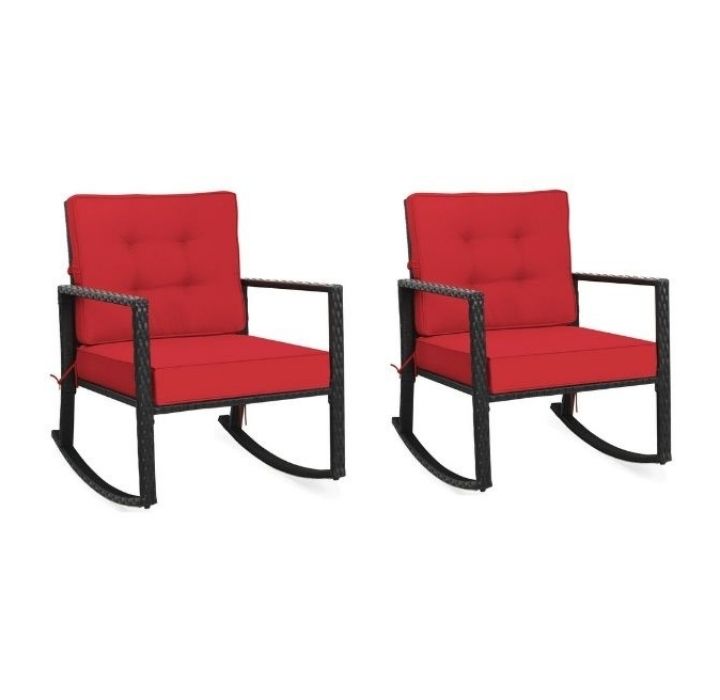 Photos - Garden Furniture Costway Rattan Cushioned Rocking Chairs  - Red 2*HW66722RE (Set of 2)