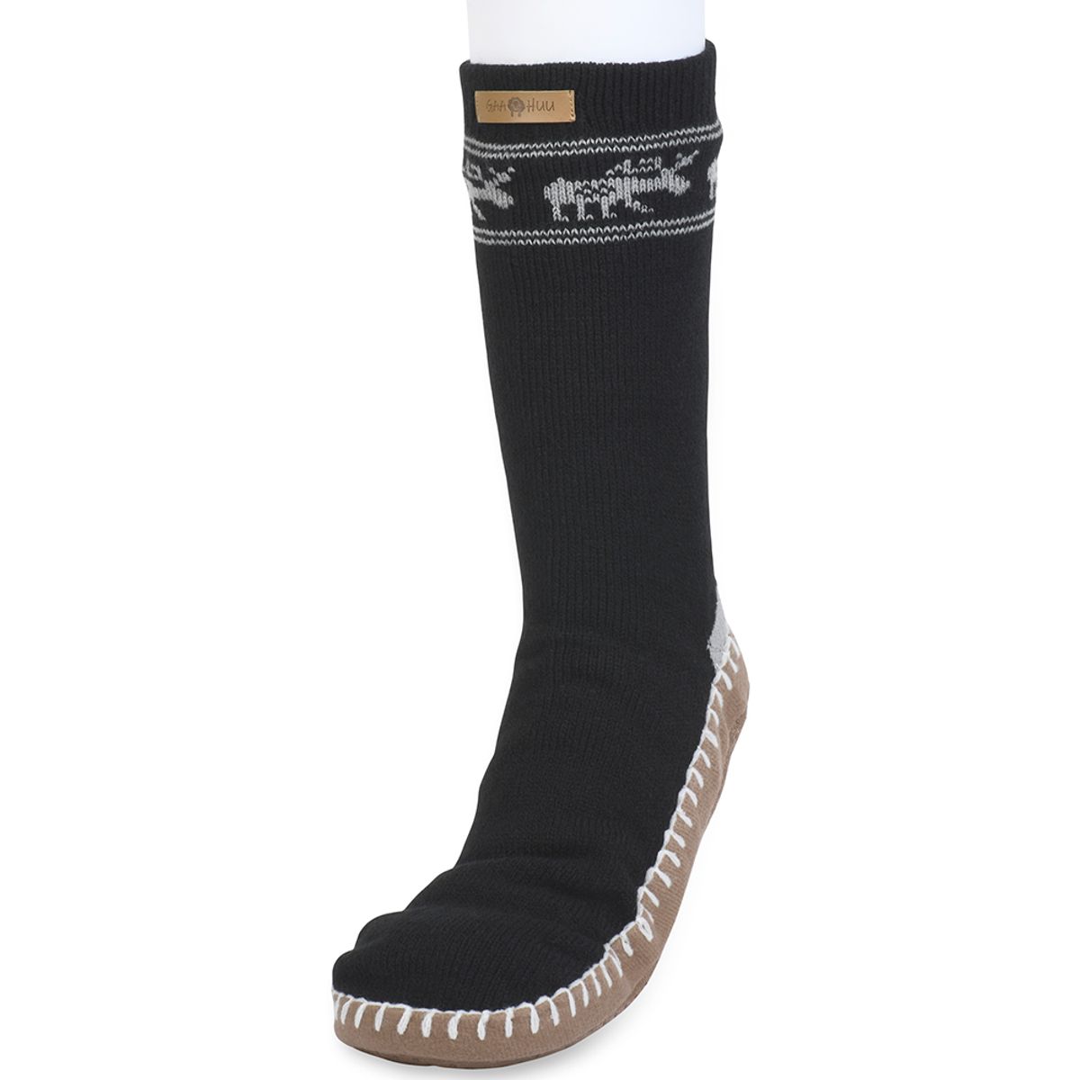 GaaHuu™ Men's Cuffed Slipper Socks with Faux Shearling Lining - Black Moose