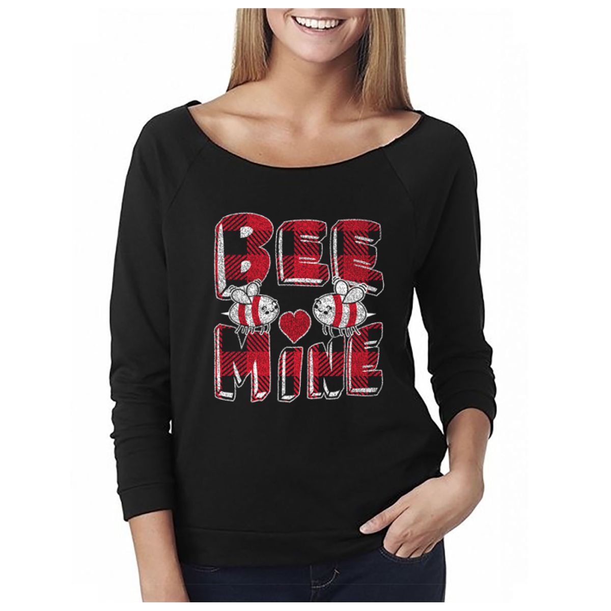 Women's Valentine's Day Shirts - Off The Shoulder - Bee Mine - Black / L