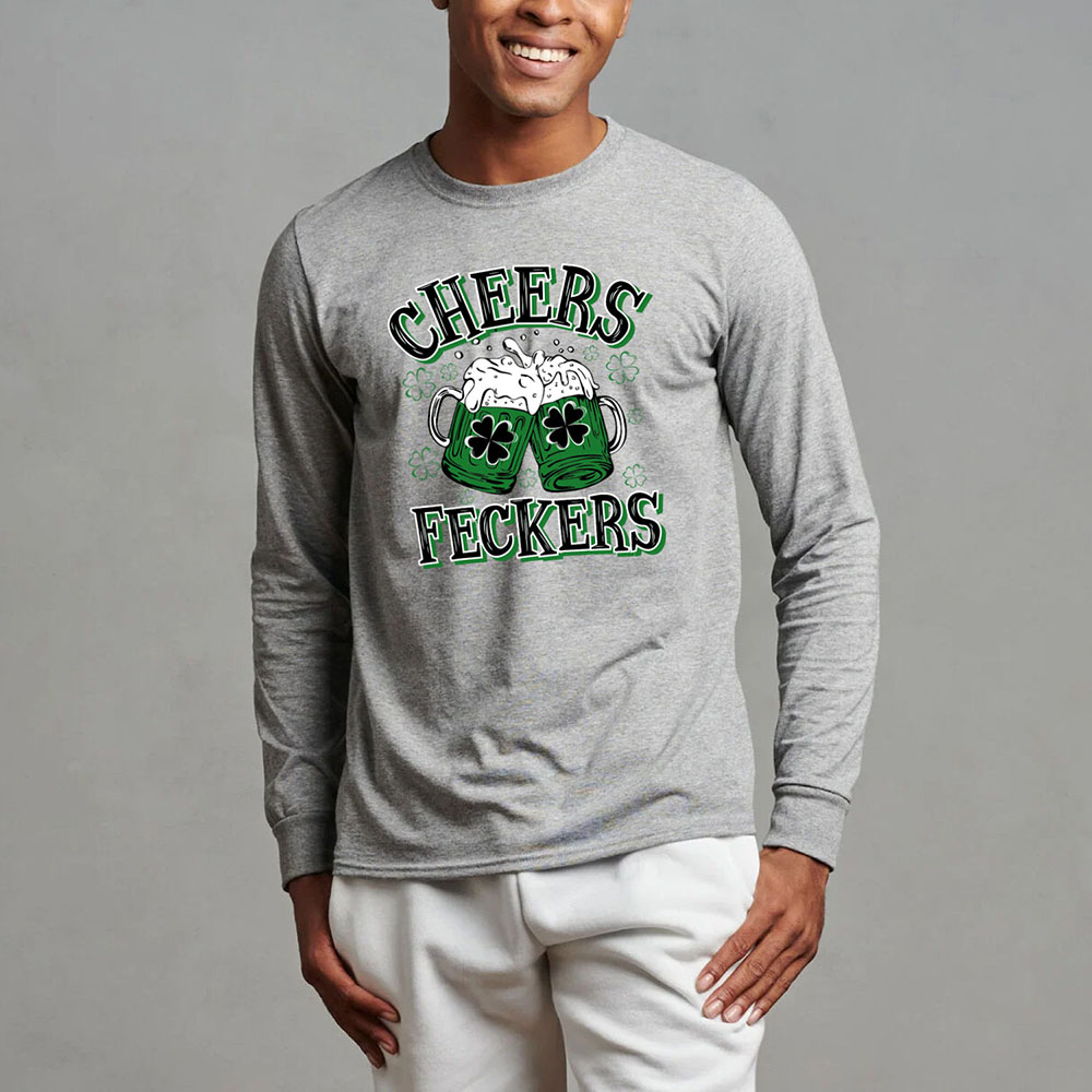 Men's St. Patrick's Day Long Sleeve Shirt - Cheers Feckers - H.Grey / 2XL