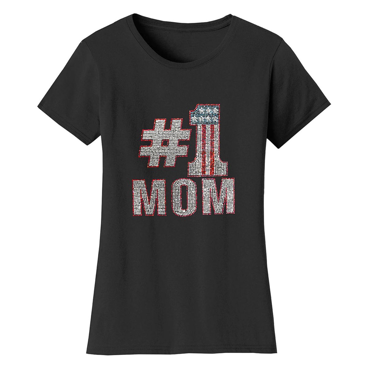 Bling Rhinestone Mother's Day T-Shirts - Women's Mother's Day Rhinestone Bling T-Shirts - NO 1 Mom - Black / 2XL