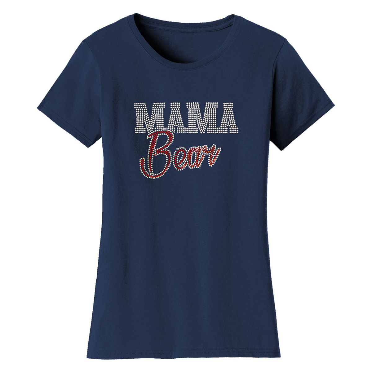 Bling Rhinestone Mother's Day T-Shirts - Women's Mother's Day Rhinestone Bling T-Shirts - Mama Bear Script - Navy / 2XL