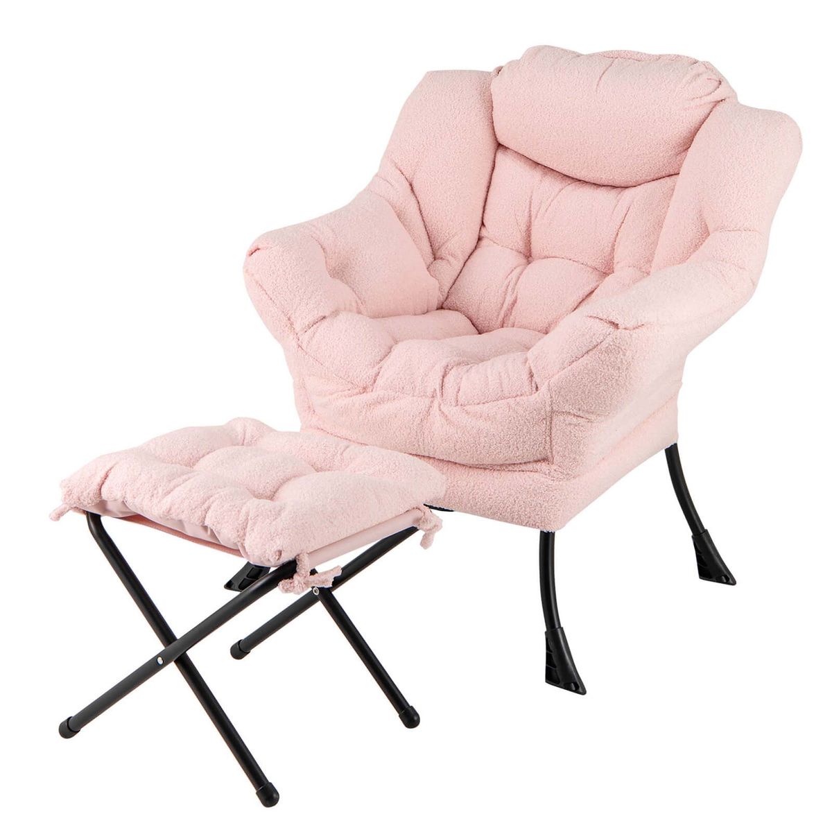 Photos - Chair Costway Modern Accent  with Folding Footrest and Head Pillow - Lazy Sofa -Pink HCST03390 