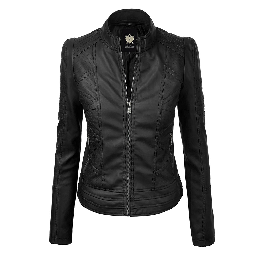 Womens Faux Leather Zip-up Moto Biker Jacket with Stitching Detail - Black - XS