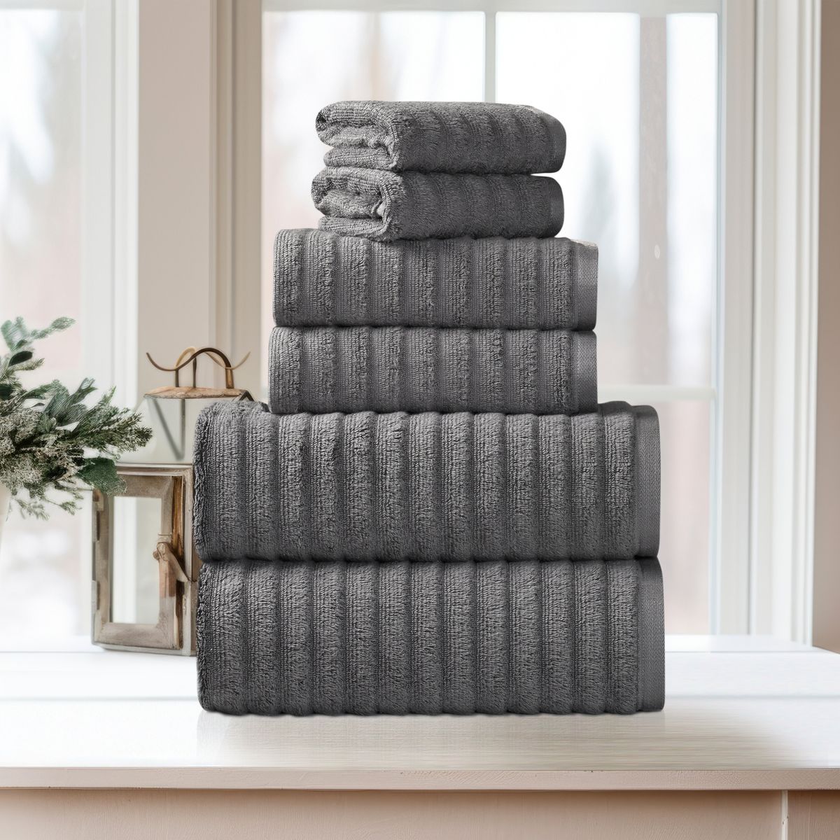 Photos - Towel Bibb Home Bibb Home Ribbed Egyptian Cotton   - Charcoal 6PCWAVTOWCH(Set of 6)