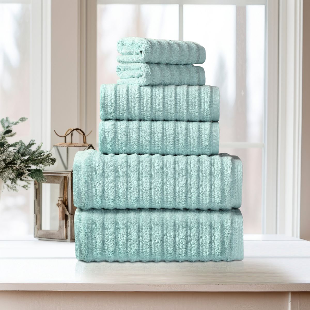 Photos - Towel Bibb Home Bibb Home Ribbed Egyptian Cotton   - Aqua 6PCWAVTOWAQ(Set of 6)