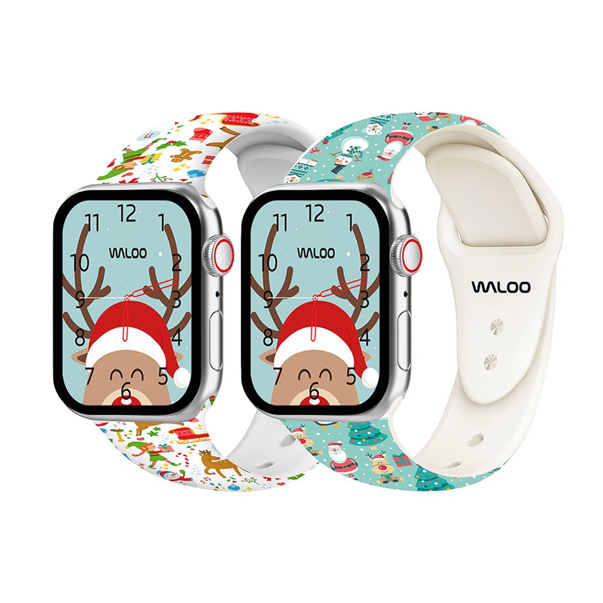 Christmas/Holiday-Fun Silicone Sport Bands for Apple Watch (2-Pack) - 44/45/46/49mm & 42mm (Series 1-3 Only) / Cream Reindeer + Teal Snowman