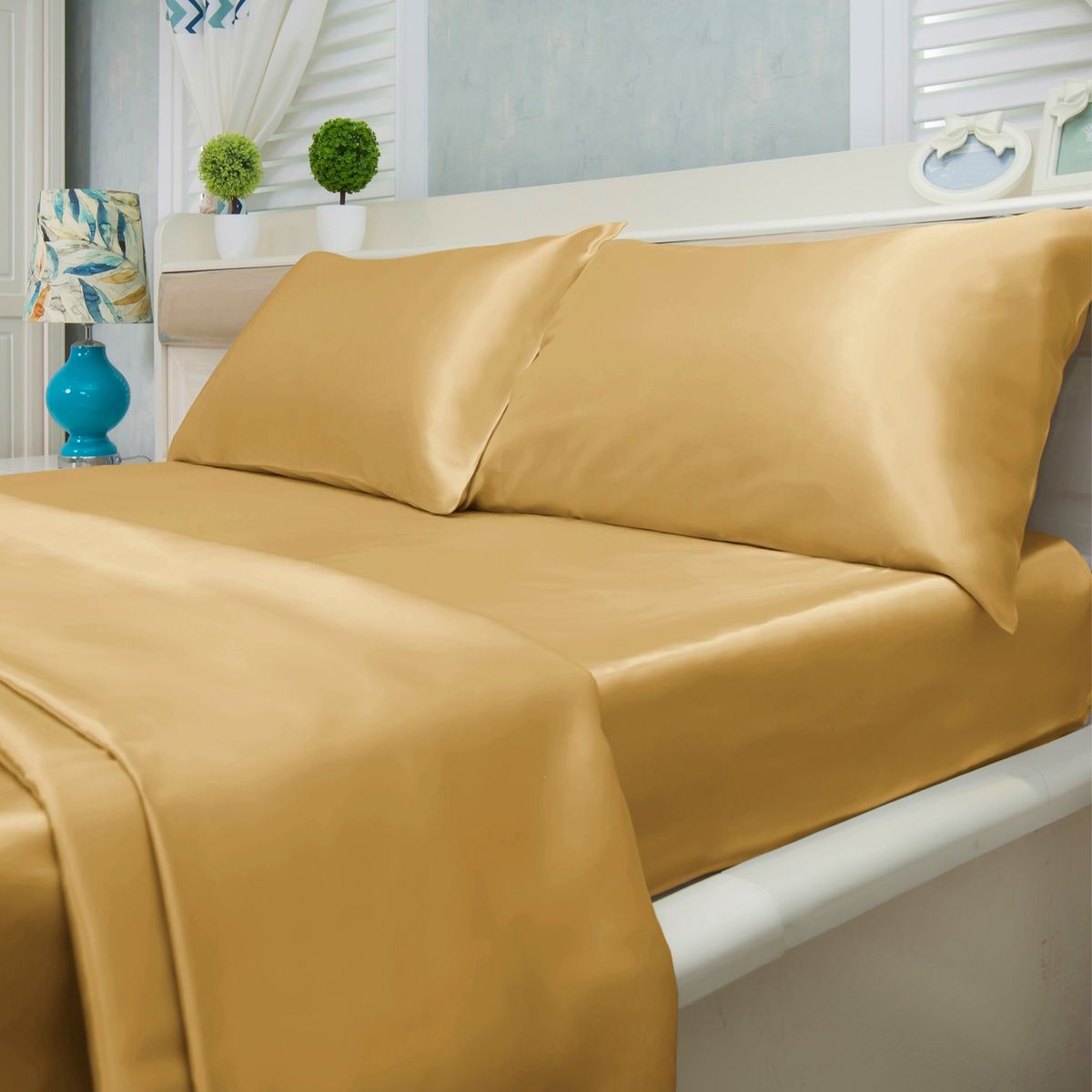 Photos - Bed Linen Private Label 90GSM Silky-Soft Satin Sheet Set - Gold - Queen LH-1800-SATIN-GOL-Q(4-Piece)