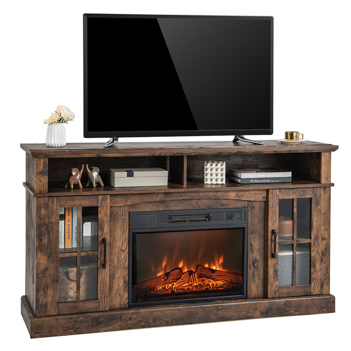 Photos - Mount/Stand Costway Fireplace TV Stand for TVs up to 65" with Side Cabinets and Remote - TV Stand-Brown FP10106US-BN 