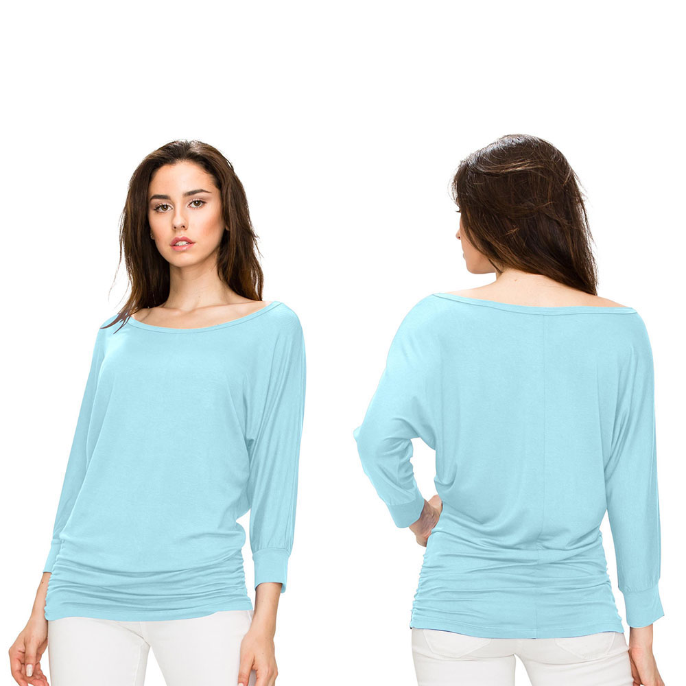 Women's Crew Neck 3/4 Sleeve Drape Dolman Top with Side Shirring - Aqua - Small