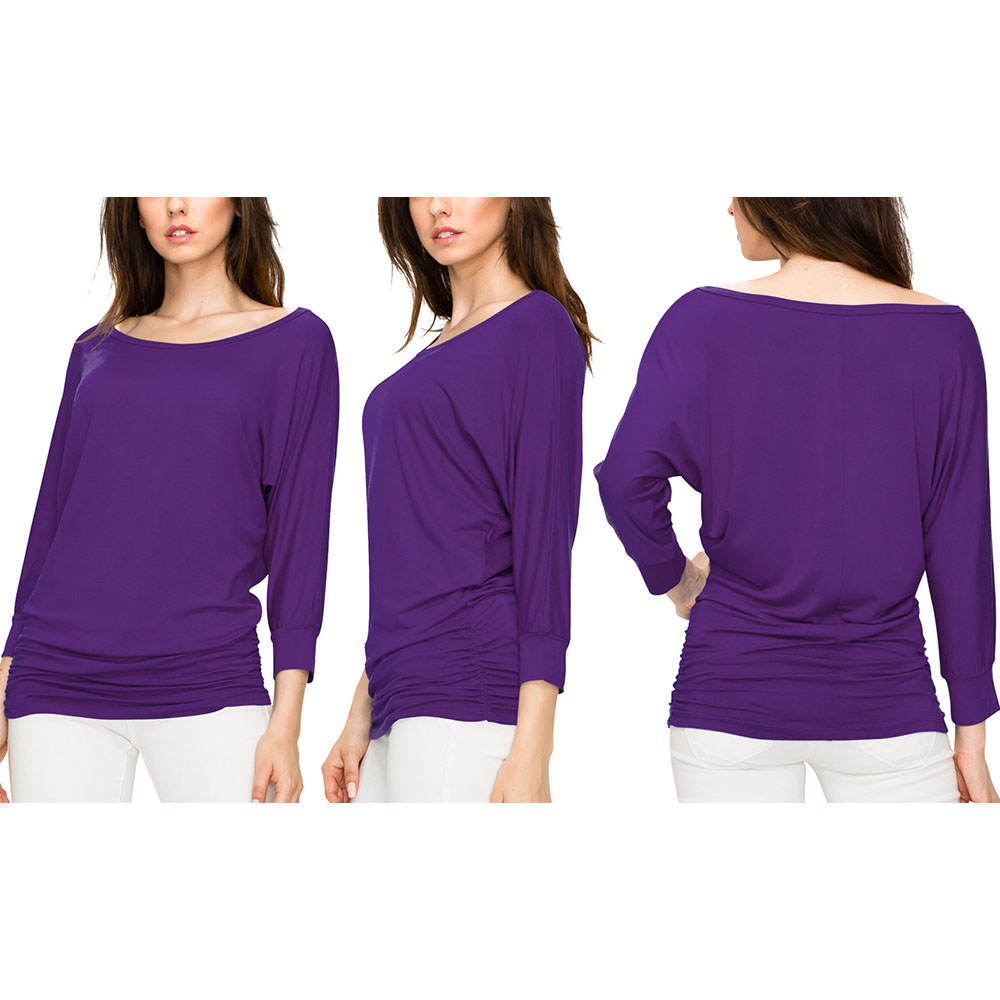 Women's Crew Neck 3/4 Sleeve Drape Dolman Top with Side Shirring - Dark Purple - Large
