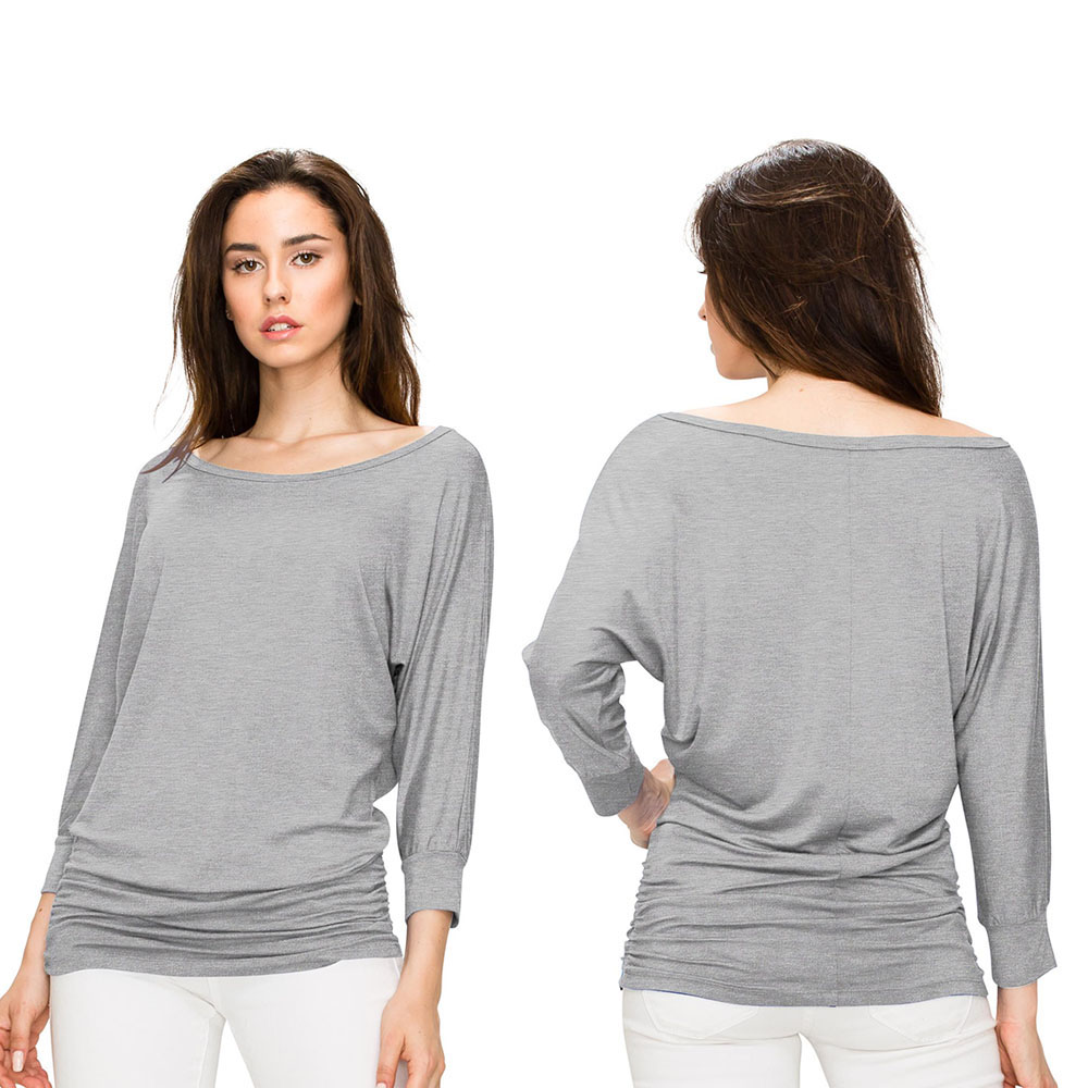 Women's Crew Neck 3/4 Sleeve Drape Dolman Top with Side Shirring - Heather Grey - Small