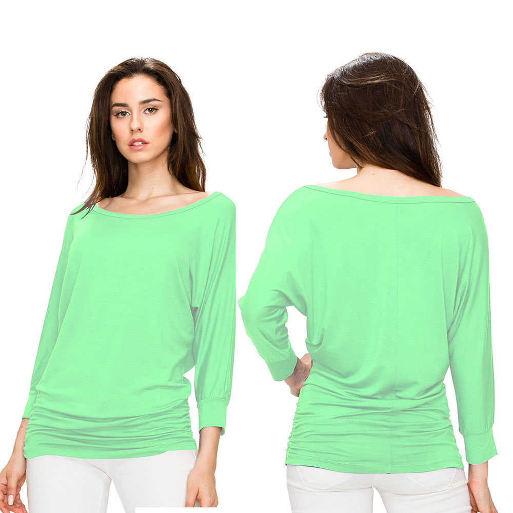 Women's Crew Neck 3/4 Sleeve Drape Dolman Top with Side Shirring - Mint - Large