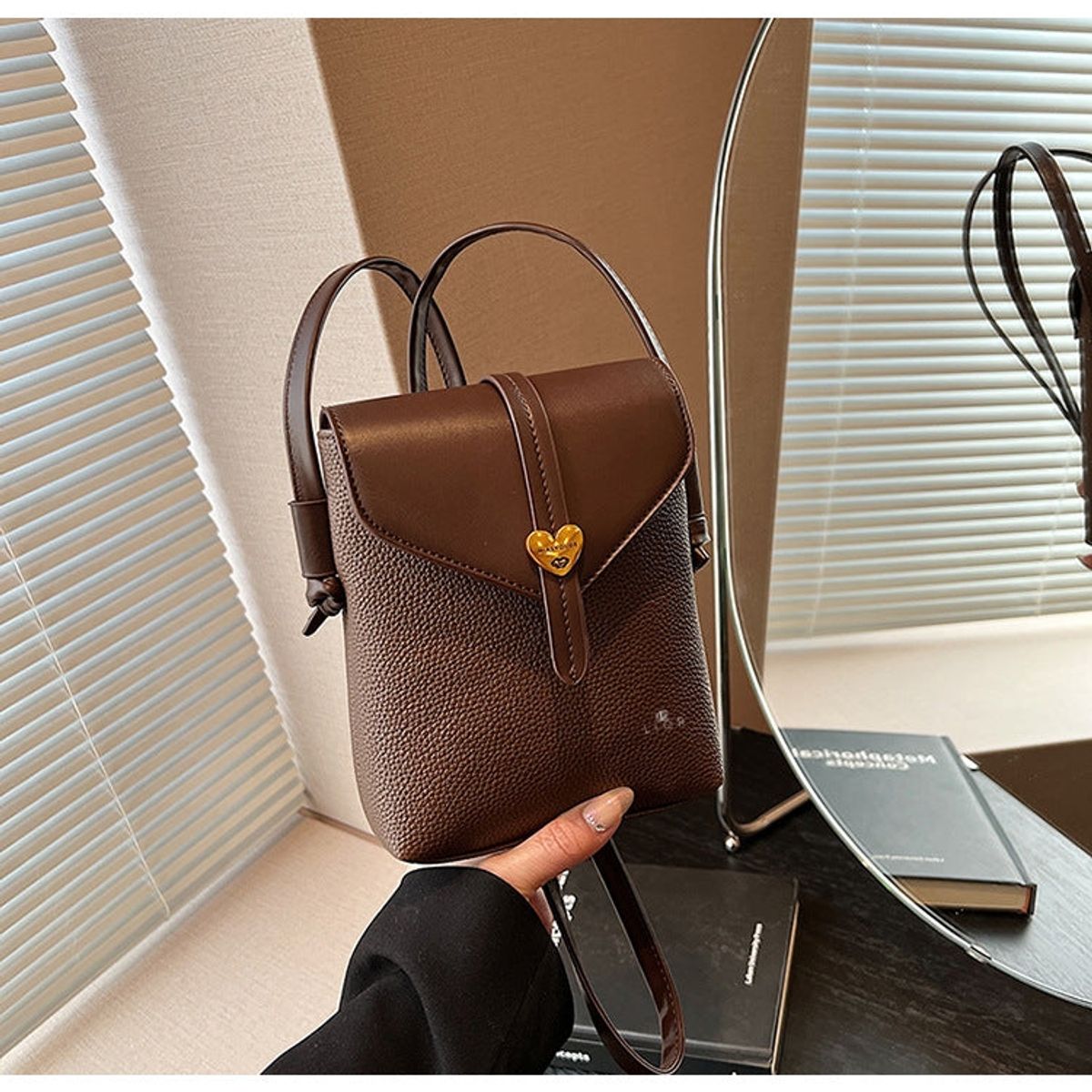 Vintage Crossbody Shoulder Purse with Heart Closure - Brown