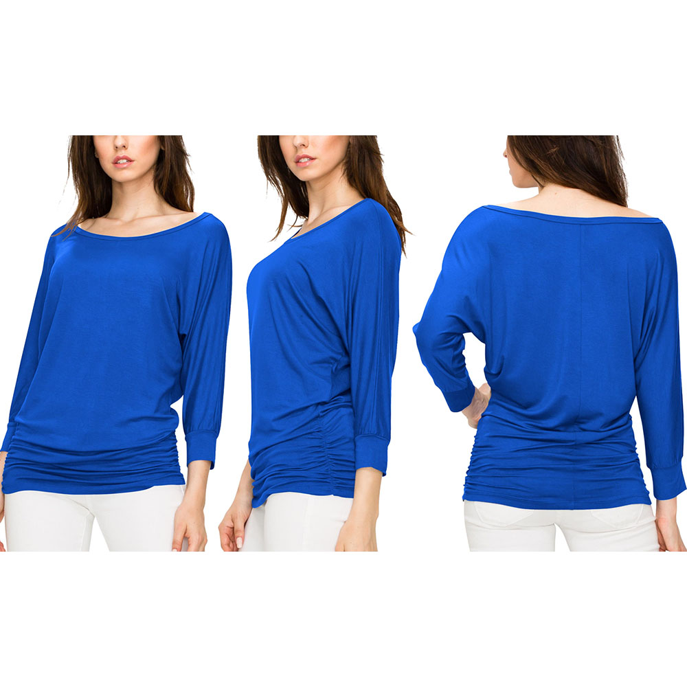Women's Crew Neck 3/4 Sleeve Drape Dolman Top with Side Shirring - Royal Brite - Large