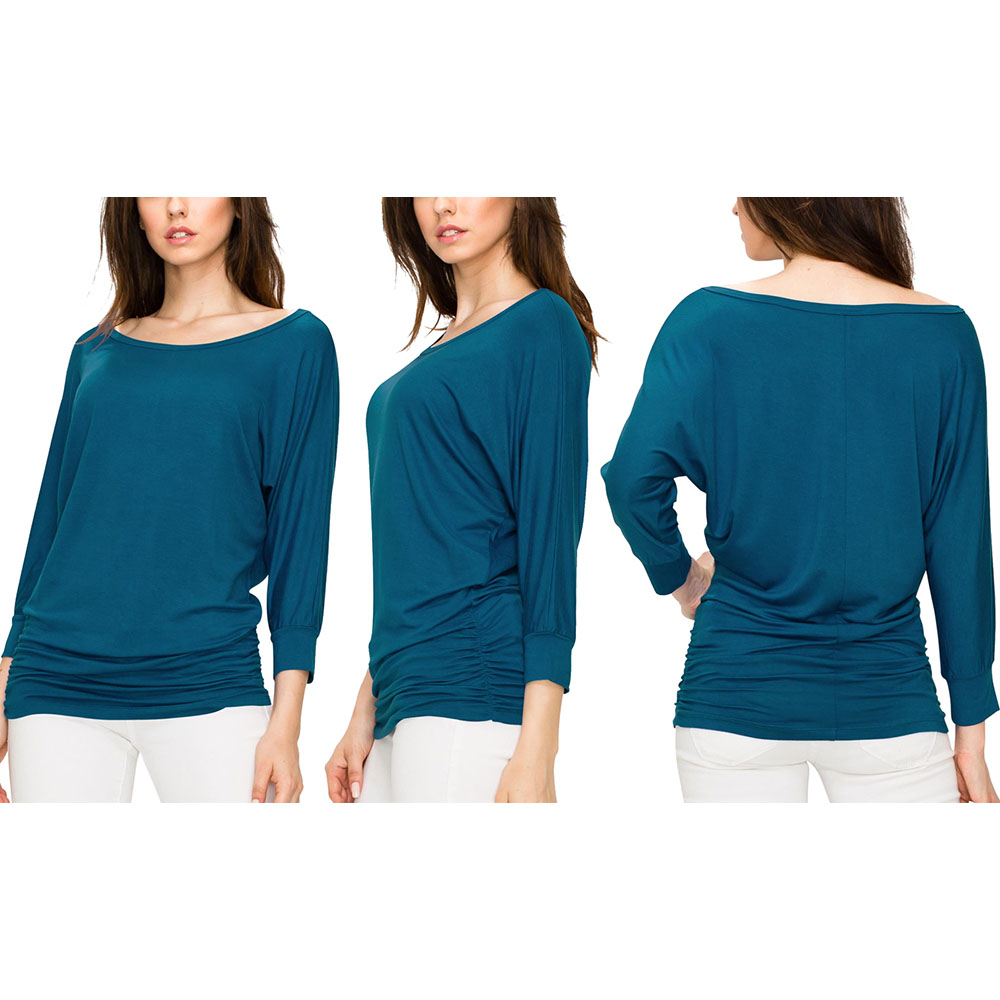 Women's Crew Neck 3/4 Sleeve Drape Dolman Top with Side Shirring - Teal - Medium