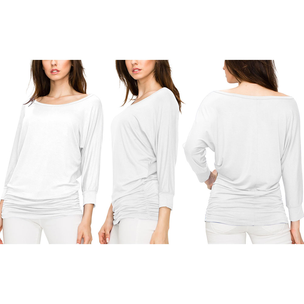Women's Crew Neck 3/4 Sleeve Drape Dolman Top with Side Shirring - White - XL