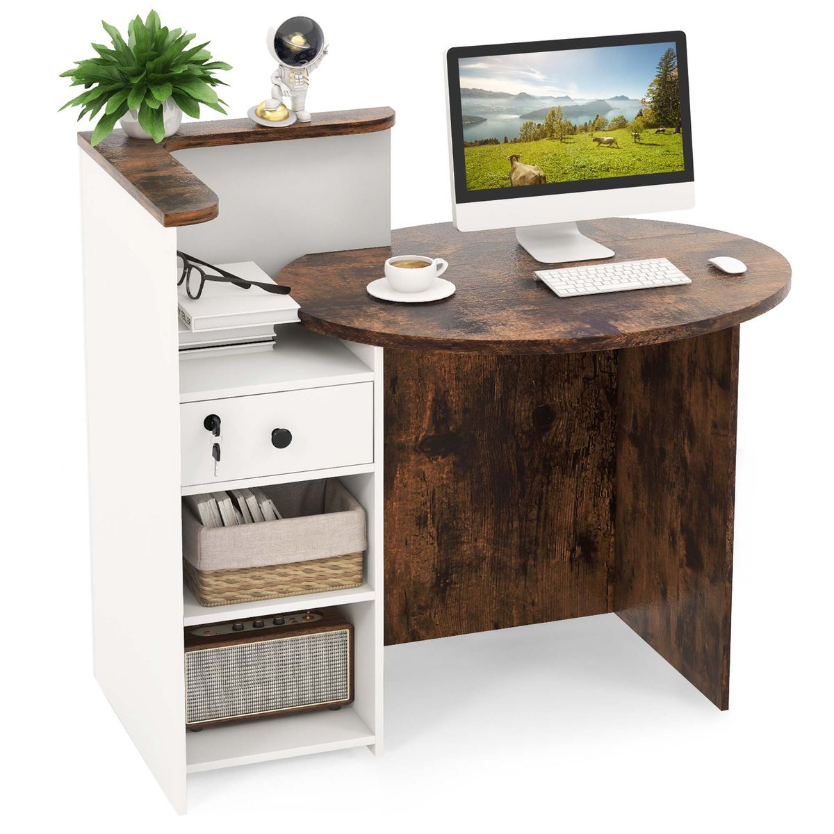 Counter Desk with Side Shelves  - Brown table and white shelf